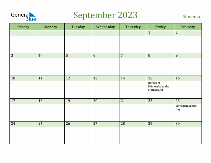 September 2023 Calendar with Slovenia Holidays
