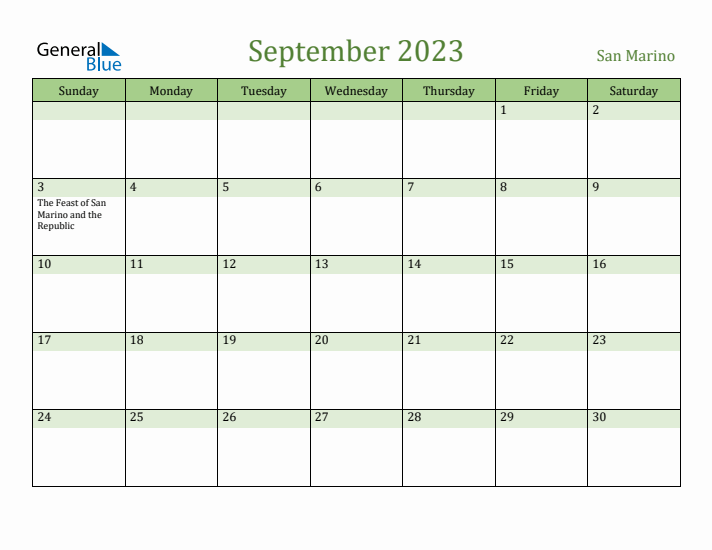 September 2023 Calendar with San Marino Holidays