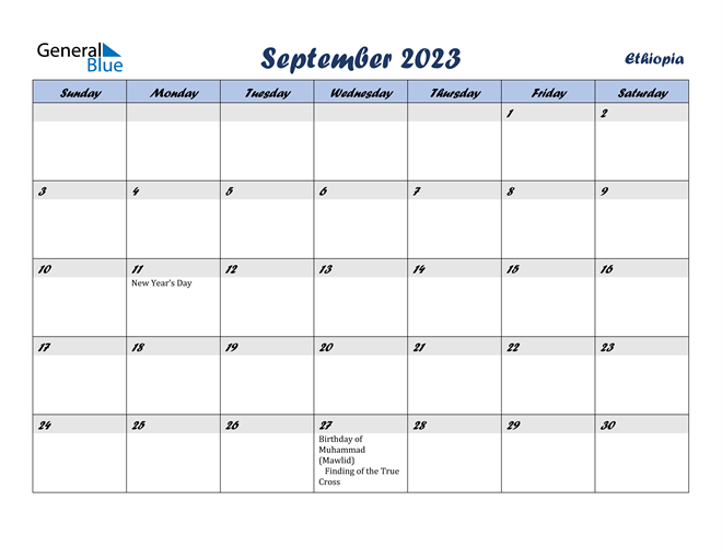 September 2023 Calendar with Ethiopia Holidays