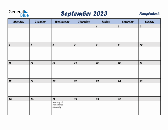 September 2023 Calendar with Holidays in Bangladesh