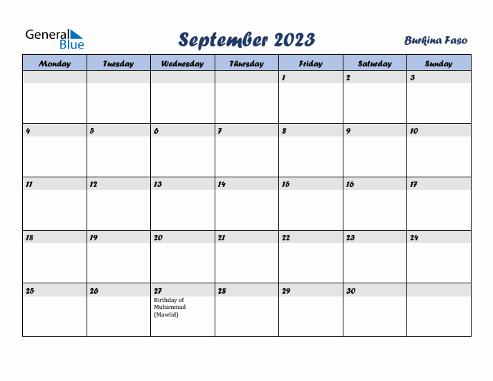 September 2023 Calendar with Holidays in Burkina Faso