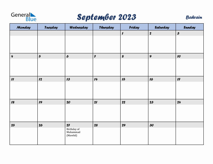 September 2023 Calendar with Holidays in Bahrain