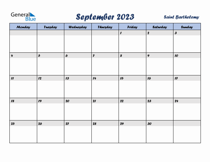 September 2023 Calendar with Holidays in Saint Barthelemy