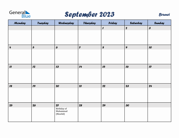 September 2023 Calendar with Holidays in Brunei