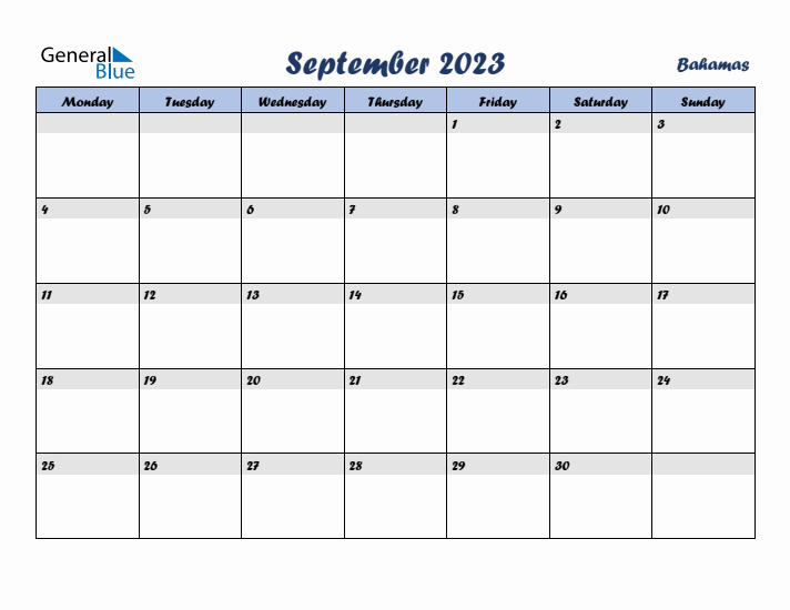 September 2023 Calendar with Holidays in Bahamas