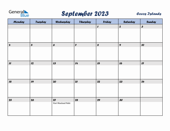 September 2023 Calendar with Holidays in Cocos Islands