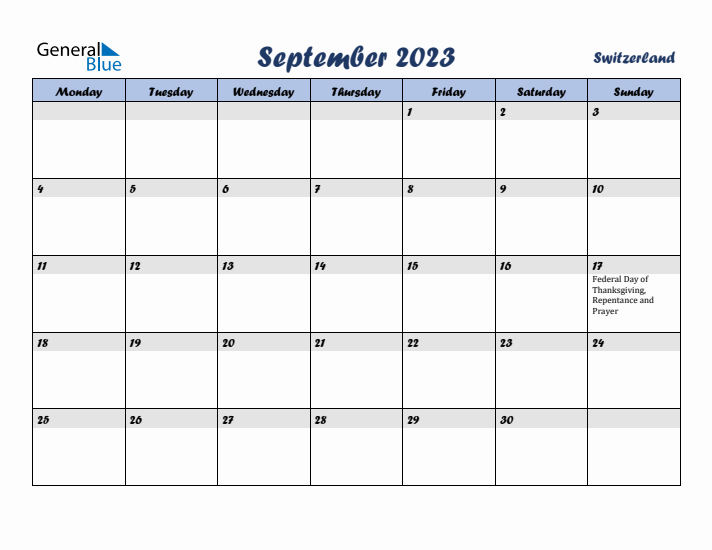 September 2023 Calendar with Holidays in Switzerland