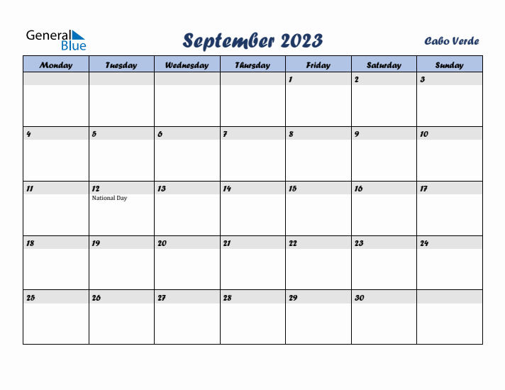 September 2023 Calendar with Holidays in Cabo Verde