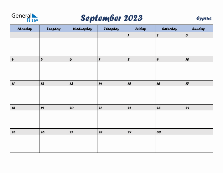 September 2023 Calendar with Holidays in Cyprus