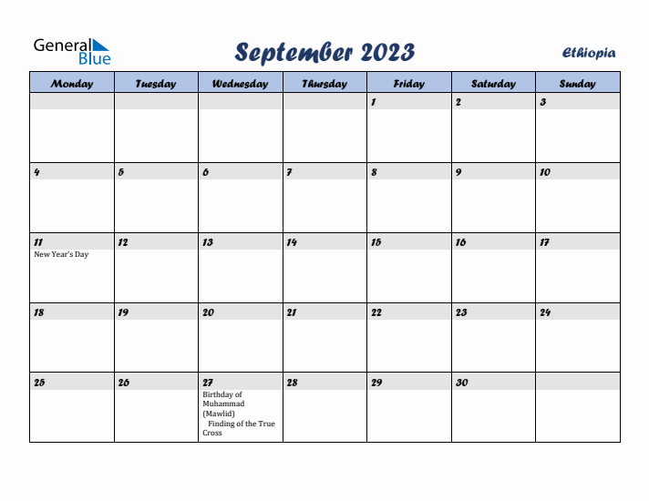 September 2023 Calendar with Holidays in Ethiopia