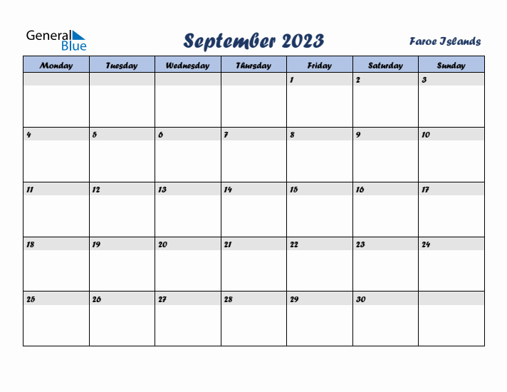 September 2023 Calendar with Holidays in Faroe Islands