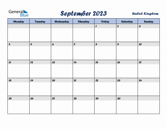 September 2023 Calendar with Holidays in United Kingdom