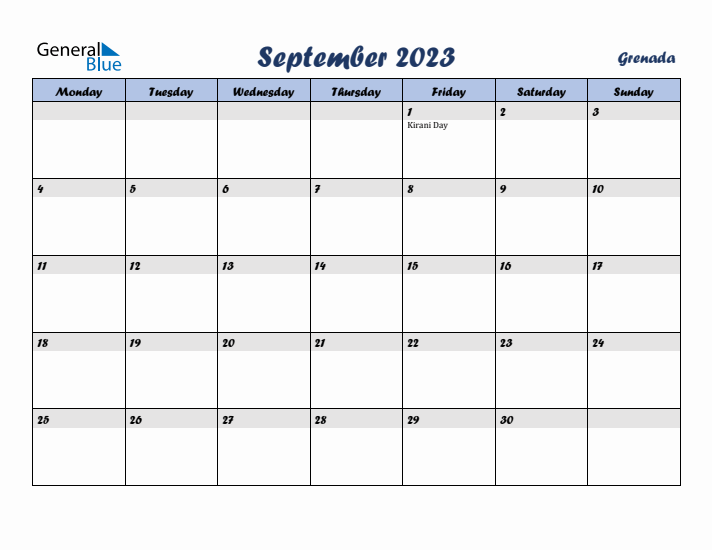 September 2023 Calendar with Holidays in Grenada