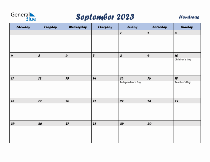 September 2023 Calendar with Holidays in Honduras