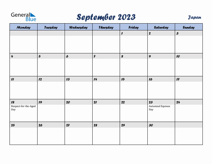 September 2023 Calendar with Holidays in Japan