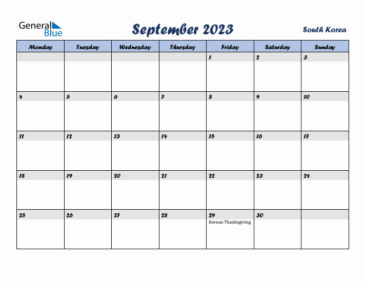September 2023 Calendar with Holidays in South Korea