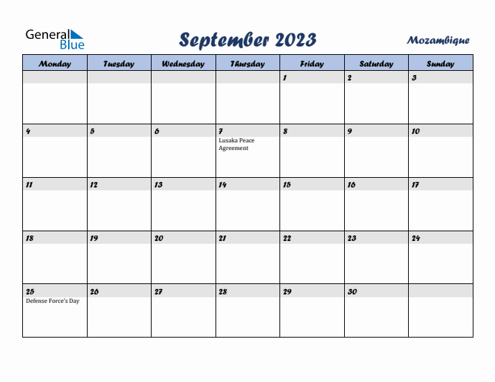 September 2023 Calendar with Holidays in Mozambique