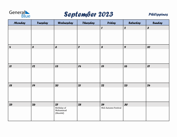 September 2023 Calendar with Holidays in Philippines
