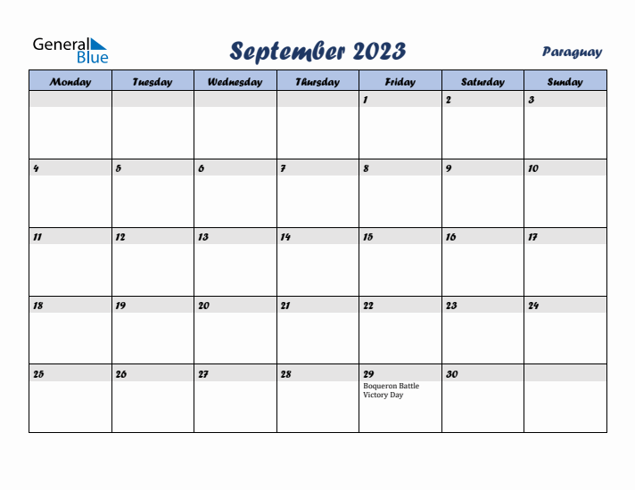 September 2023 Calendar with Holidays in Paraguay
