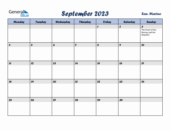 September 2023 Calendar with Holidays in San Marino