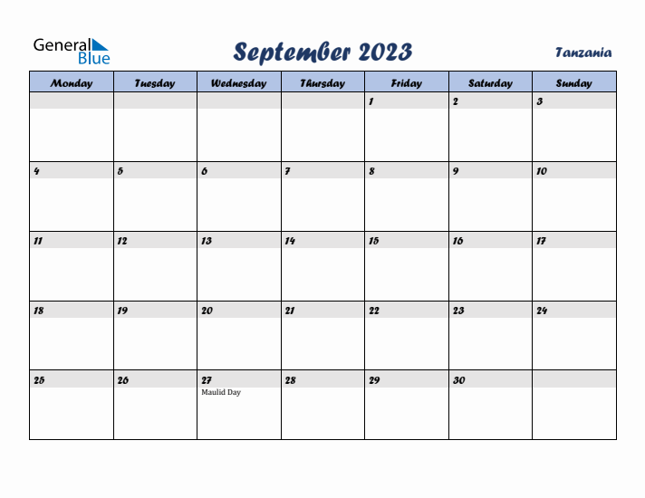 September 2023 Calendar with Holidays in Tanzania