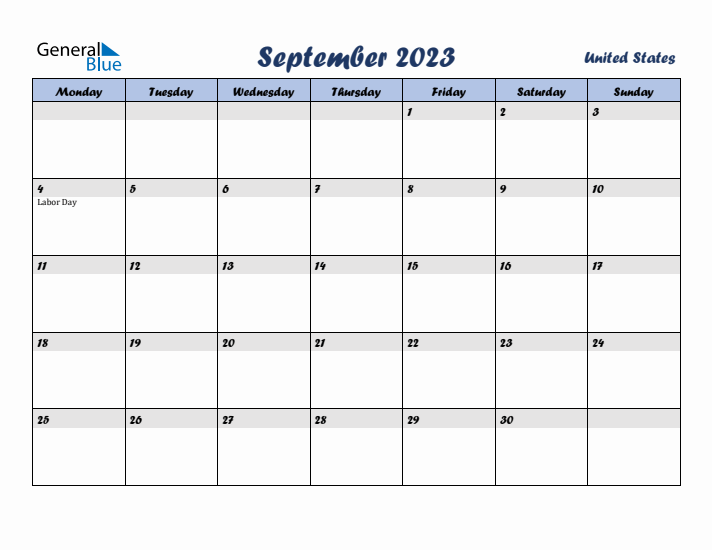 September 2023 Calendar with Holidays in United States