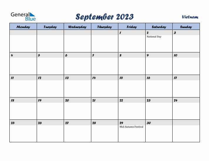 September 2023 Calendar with Holidays in Vietnam