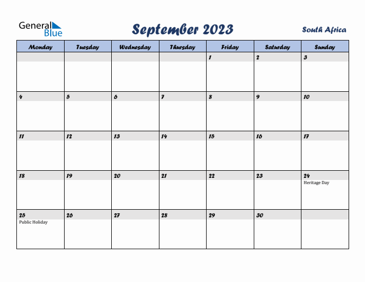 September 2023 Calendar with Holidays in South Africa