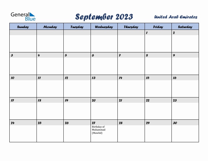 September 2023 Calendar with Holidays in United Arab Emirates