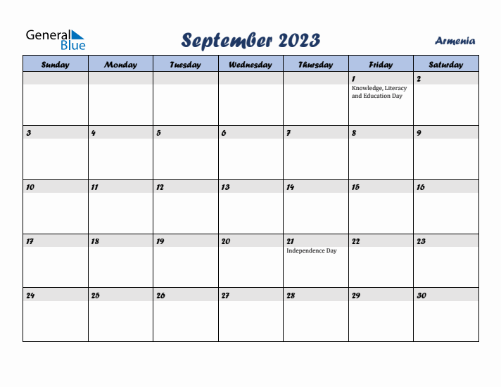 September 2023 Calendar with Holidays in Armenia