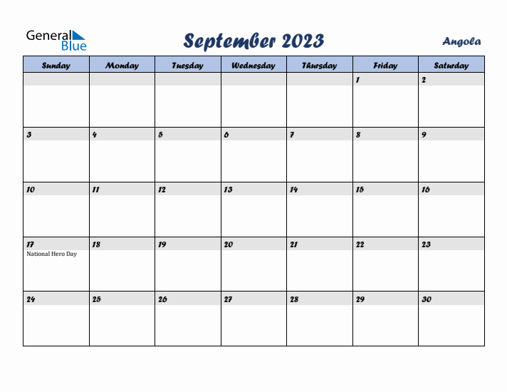 September 2023 Calendar with Holidays in Angola