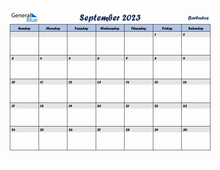 September 2023 Calendar with Holidays in Barbados
