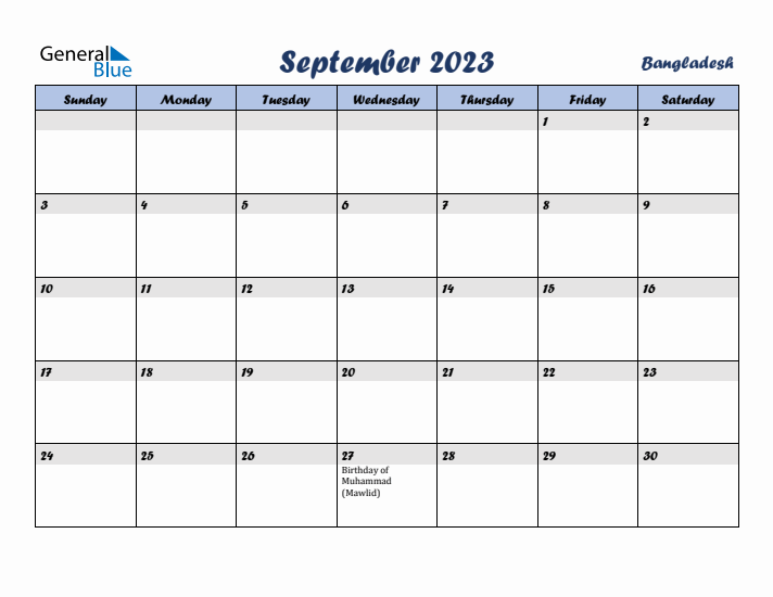 September 2023 Calendar with Holidays in Bangladesh