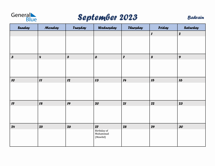 September 2023 Calendar with Holidays in Bahrain