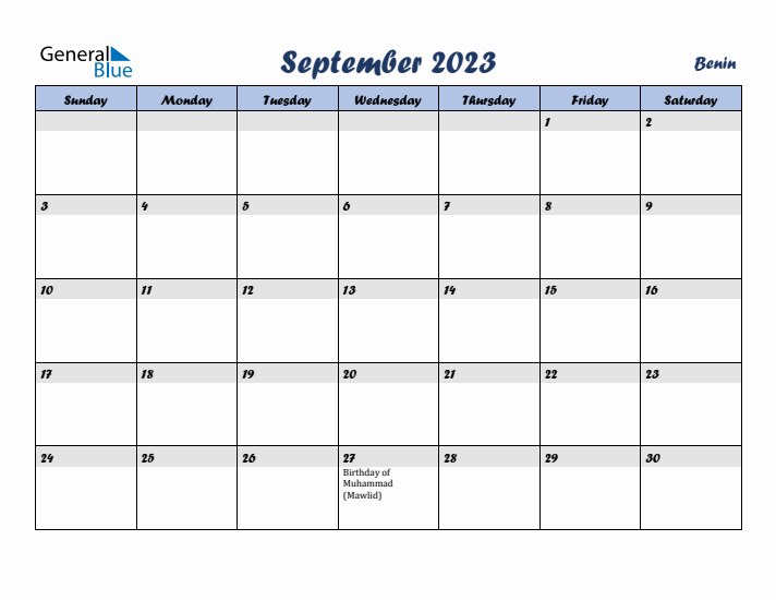 September 2023 Calendar with Holidays in Benin