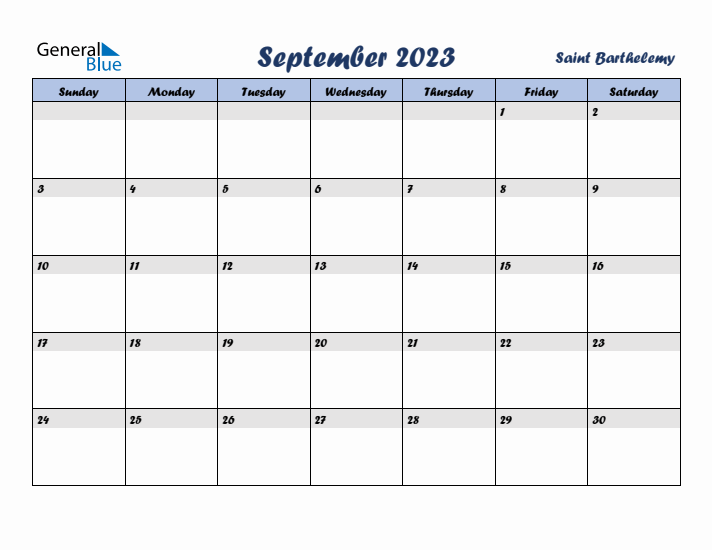 September 2023 Calendar with Holidays in Saint Barthelemy