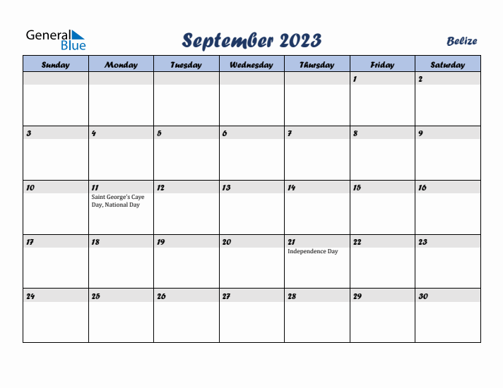 September 2023 Calendar with Holidays in Belize