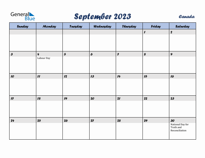 September 2023 Calendar with Holidays in Canada
