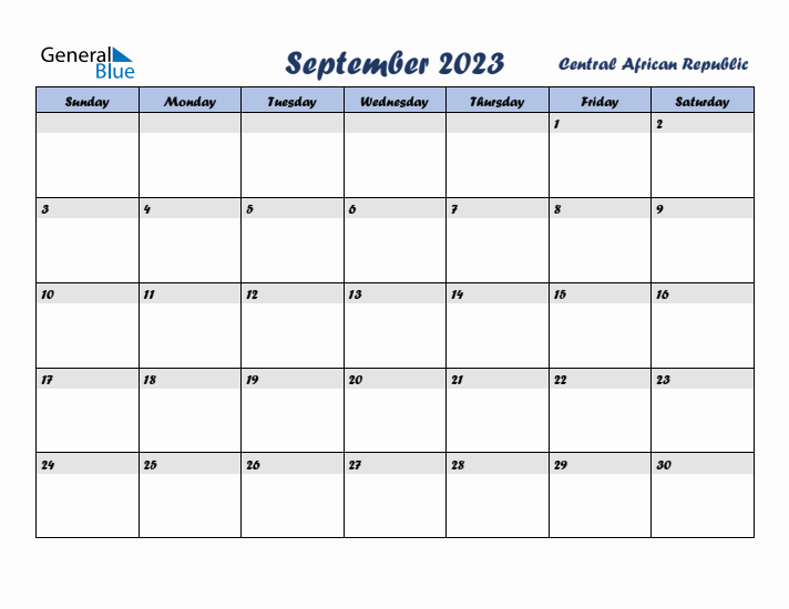 September 2023 Calendar with Holidays in Central African Republic