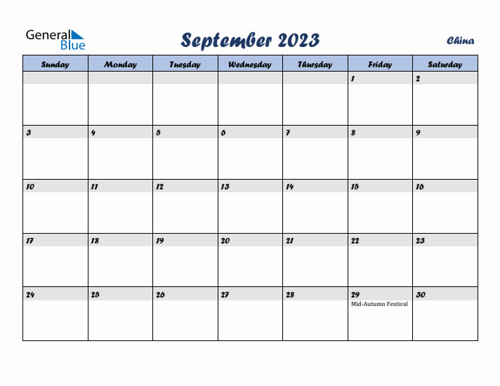 September 2023 Calendar with Holidays in China