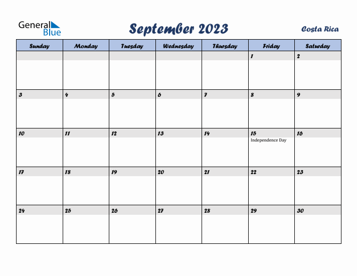 September 2023 Calendar with Holidays in Costa Rica