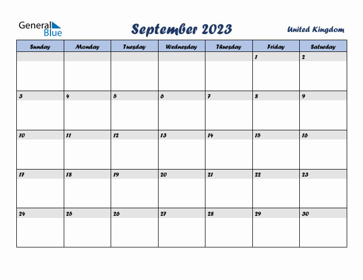 September 2023 Calendar with Holidays in United Kingdom