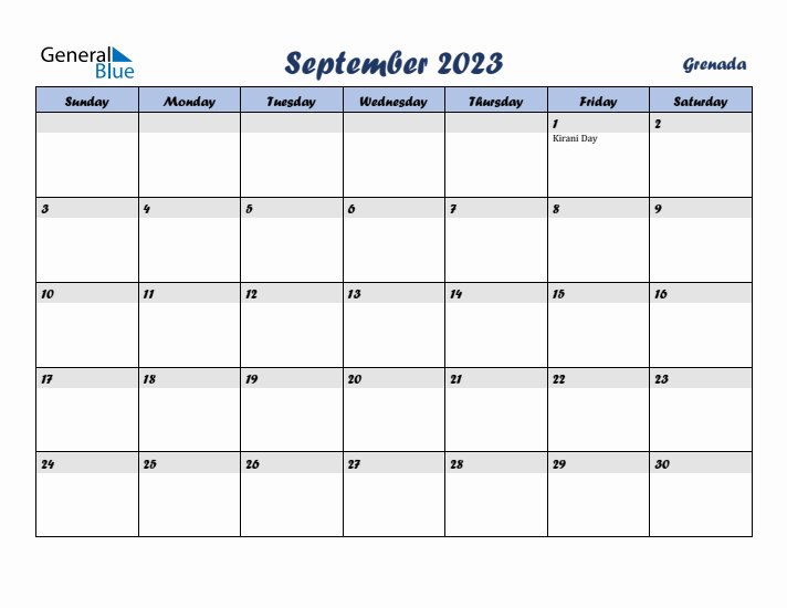 September 2023 Calendar with Holidays in Grenada