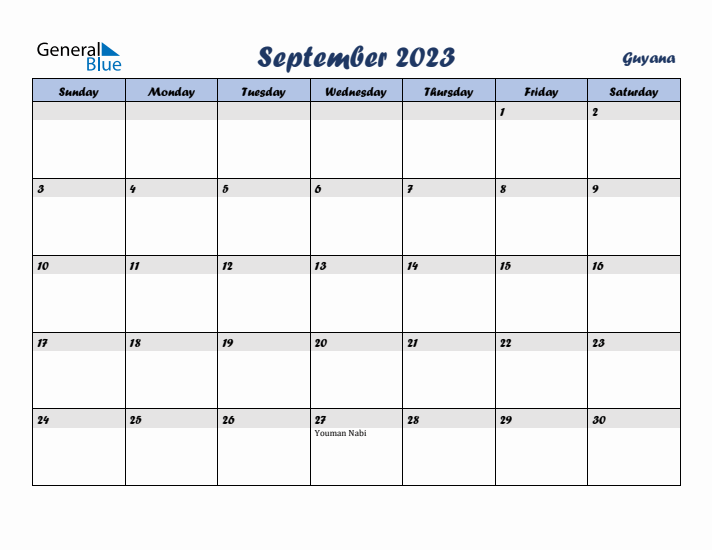 September 2023 Calendar with Holidays in Guyana