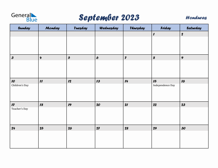 September 2023 Calendar with Holidays in Honduras