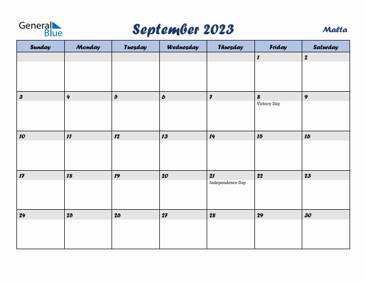 September 2023 Calendar with Holidays in Malta