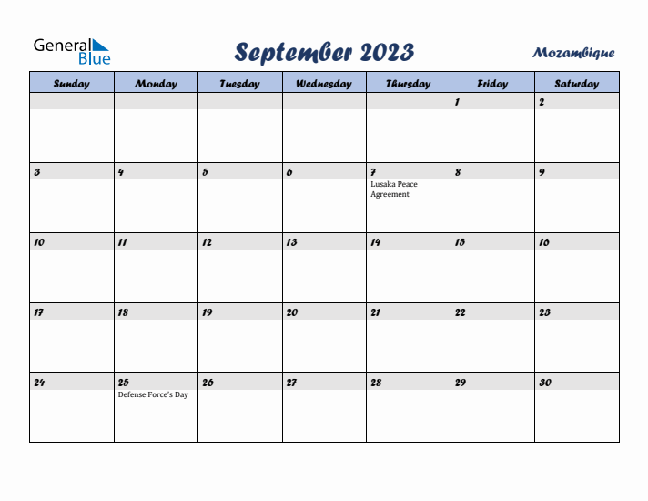 September 2023 Calendar with Holidays in Mozambique