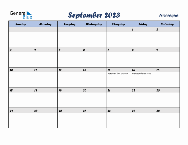 September 2023 Calendar with Holidays in Nicaragua