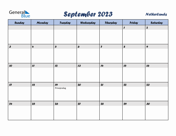 September 2023 Calendar with Holidays in The Netherlands