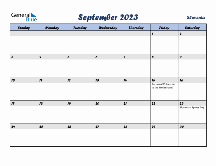 September 2023 Calendar with Holidays in Slovenia